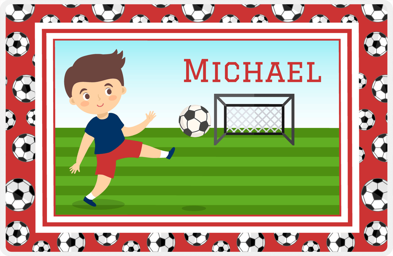 Personalized Soccer Placemat XVI - Red Border - Brown Hair Boy II -  View