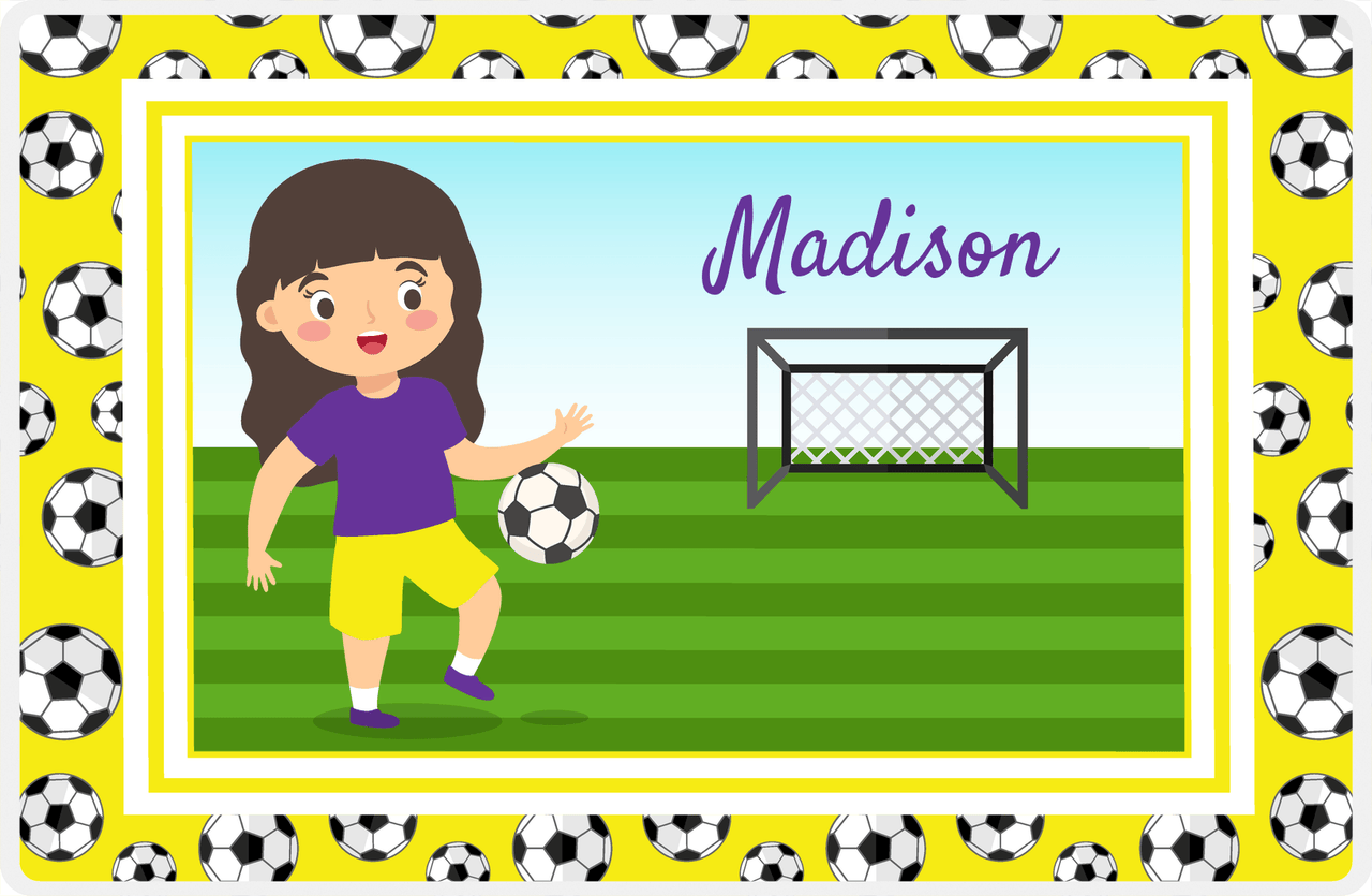 Personalized Soccer Placemat XVII - Yellow Border - Brunette Girl -  View