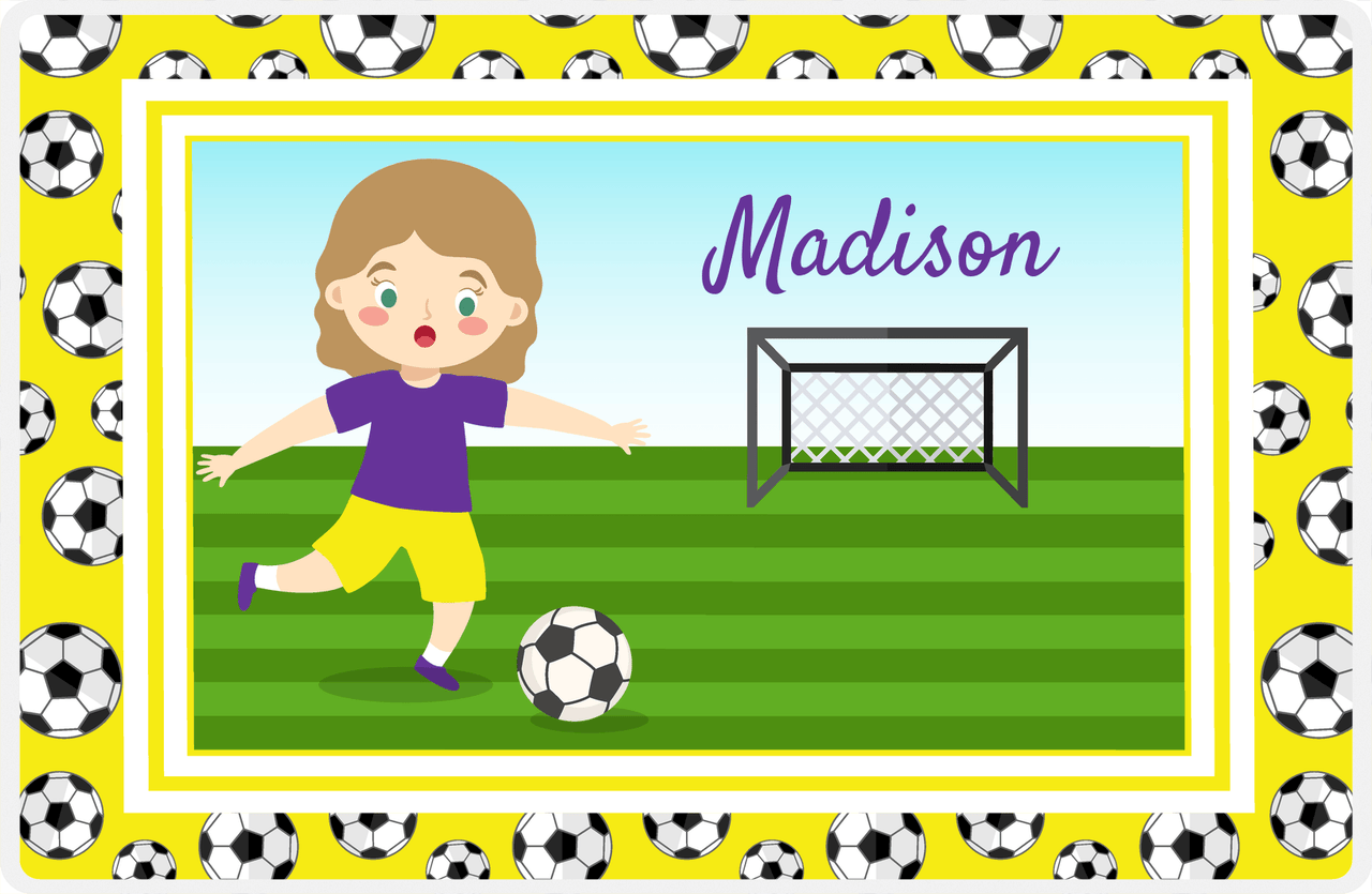 Personalized Soccer Placemat XVII - Yellow Border - Blonde Girl -  View
