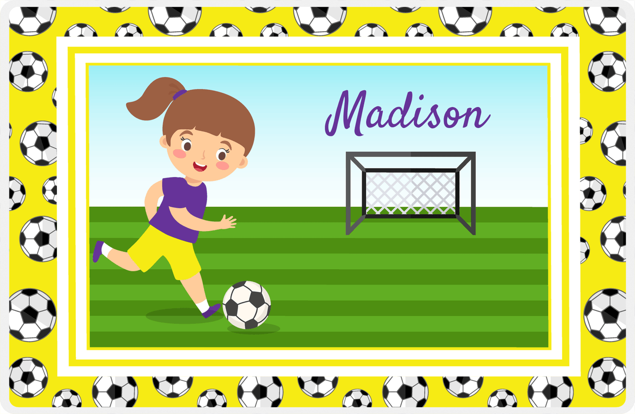 Personalized Soccer Placemat XVII - Yellow Border - Brunette Girl II -  View