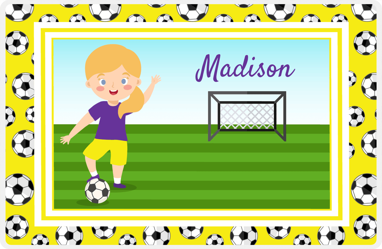 Personalized Soccer Placemat XVII - Yellow Border - Blonde Girl II -  View