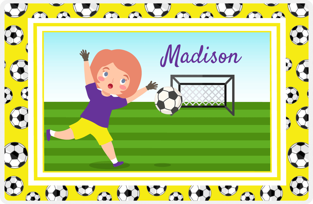Personalized Soccer Placemat XVII - Yellow Border - Redhead Girl -  View