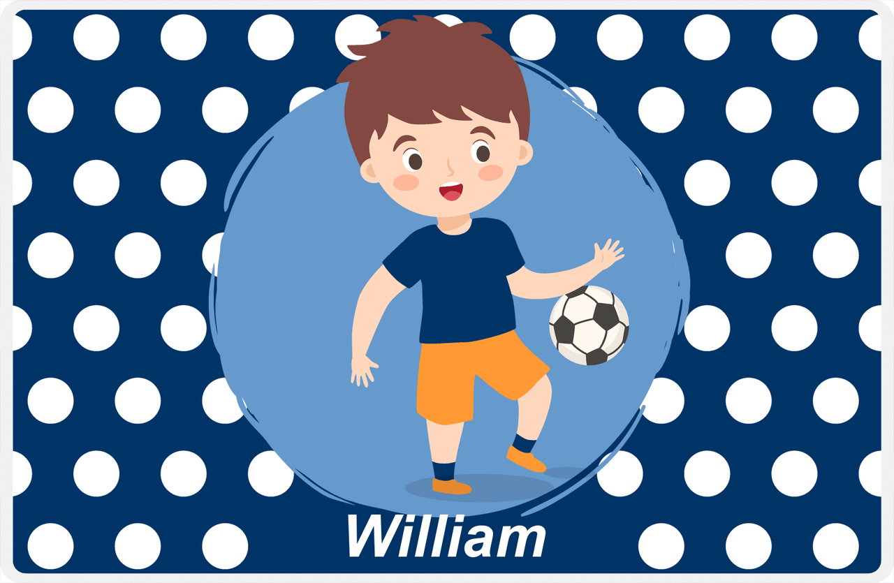 Personalized Soccer Placemat XXIV - Blue Background - Brown Hair Boy -  View