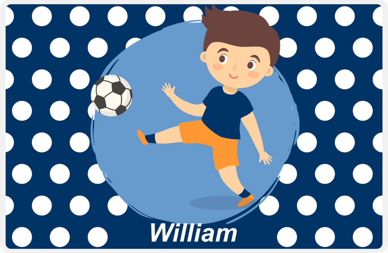 Personalized Soccer Placemat XXIV - Blue Background - Brown Hair Boy II -  View