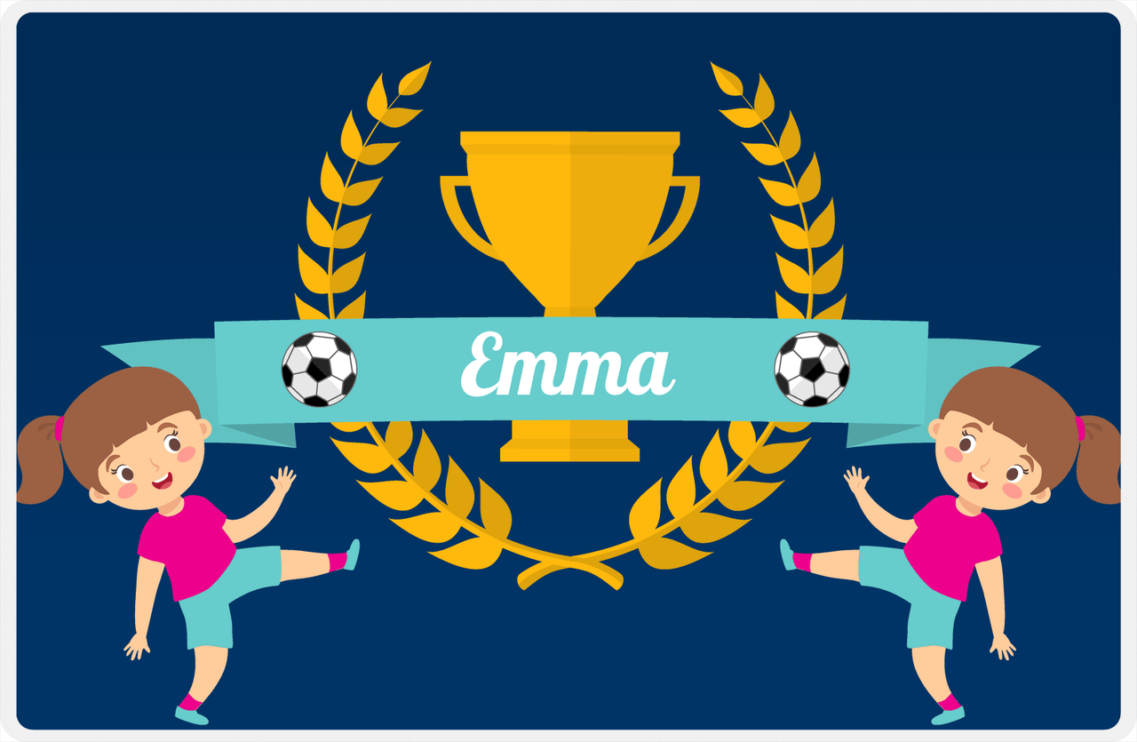 Personalized Soccer Placemat XXVIII - Blue Background - Brunette Girl -  View