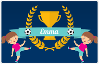 Thumbnail for Personalized Soccer Placemat XXVIII - Blue Background - Brunette Girl -  View