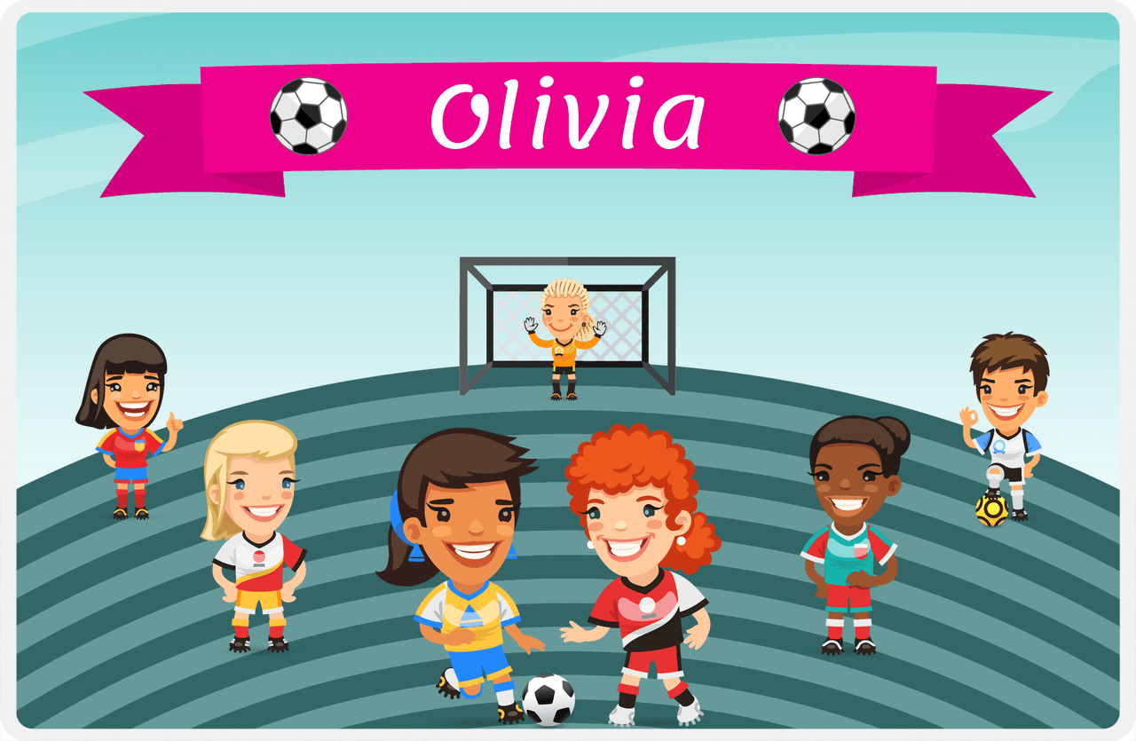 Personalized Soccer Placemat XXXIII - Teal Background - Girls Team -  View