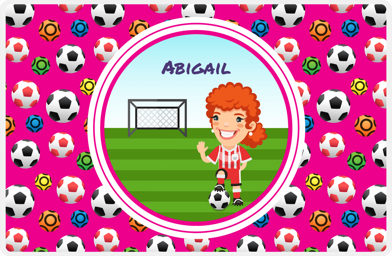 Personalized Soccer Placemat XXXIX - Pink Background - Redhead Girl -  View