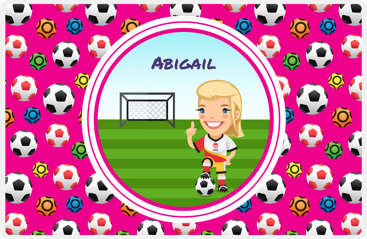 Personalized Soccer Placemat XXXIX - Pink Background - Blonde Girl -  View