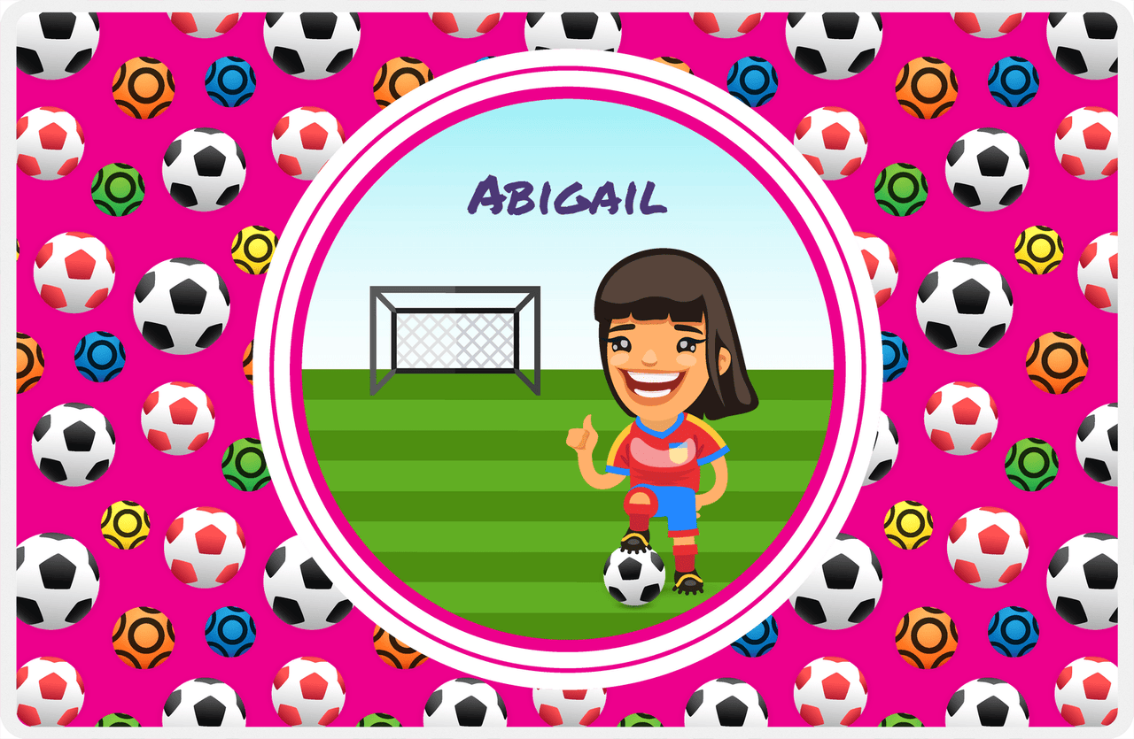 Personalized Soccer Placemat XXXIX - Pink Background - Black Hair Girl II -  View