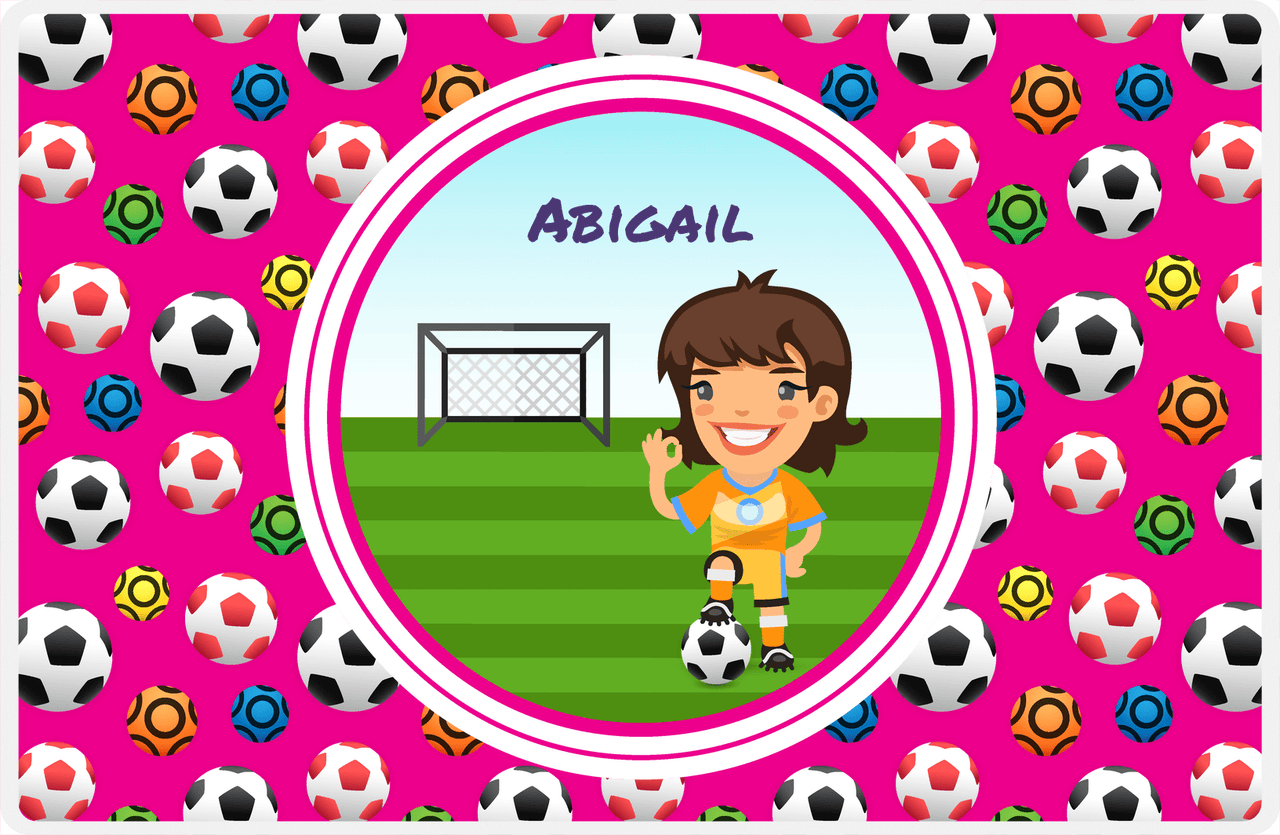 Personalized Soccer Placemat XXXIX - Pink Background - Brunette Girl -  View