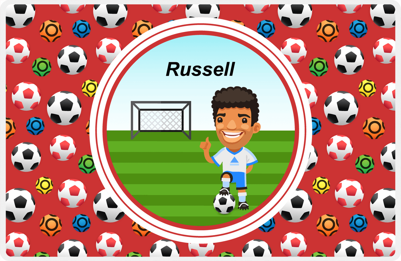 Personalized Soccer Placemat XL - Red Background - Black Hair Boy -  View