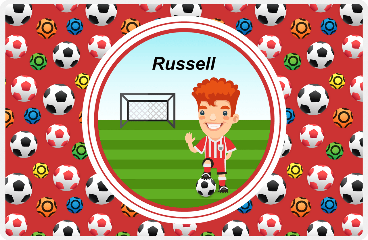Personalized Soccer Placemat XL - Red Background - Redhead Boy -  View