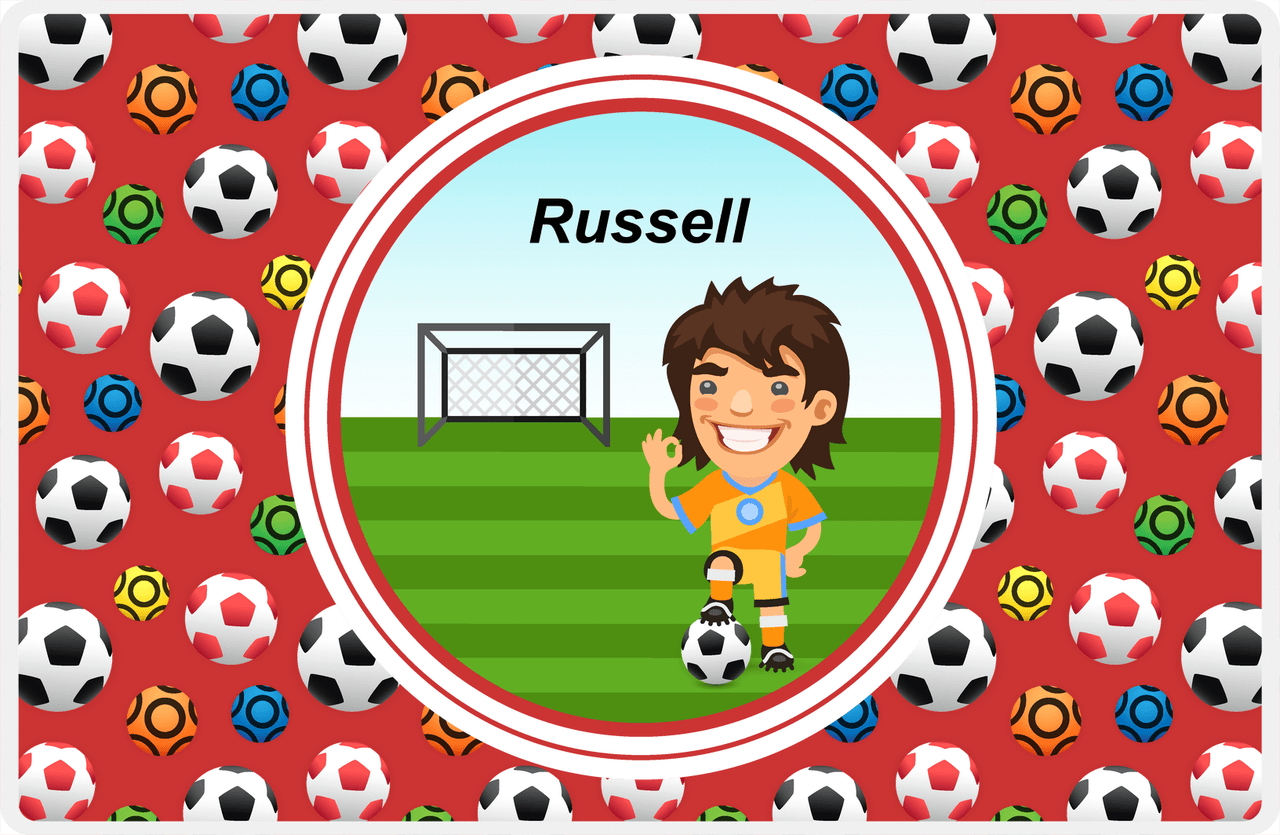 Personalized Soccer Placemat XL - Red Background - Brown Hair Boy -  View