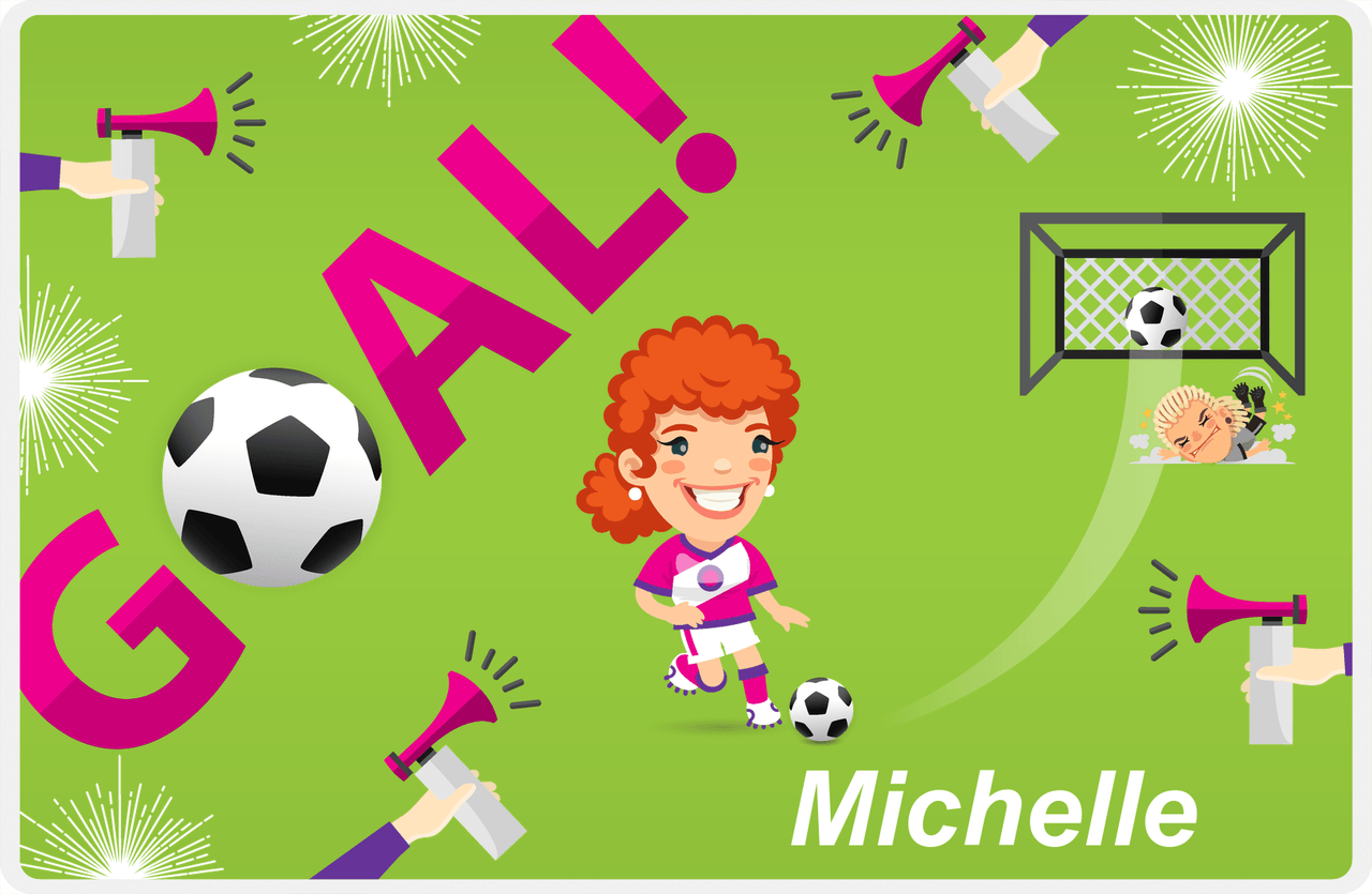Personalized Soccer Placemat XLI - Green Background - Redhead Girl -  View