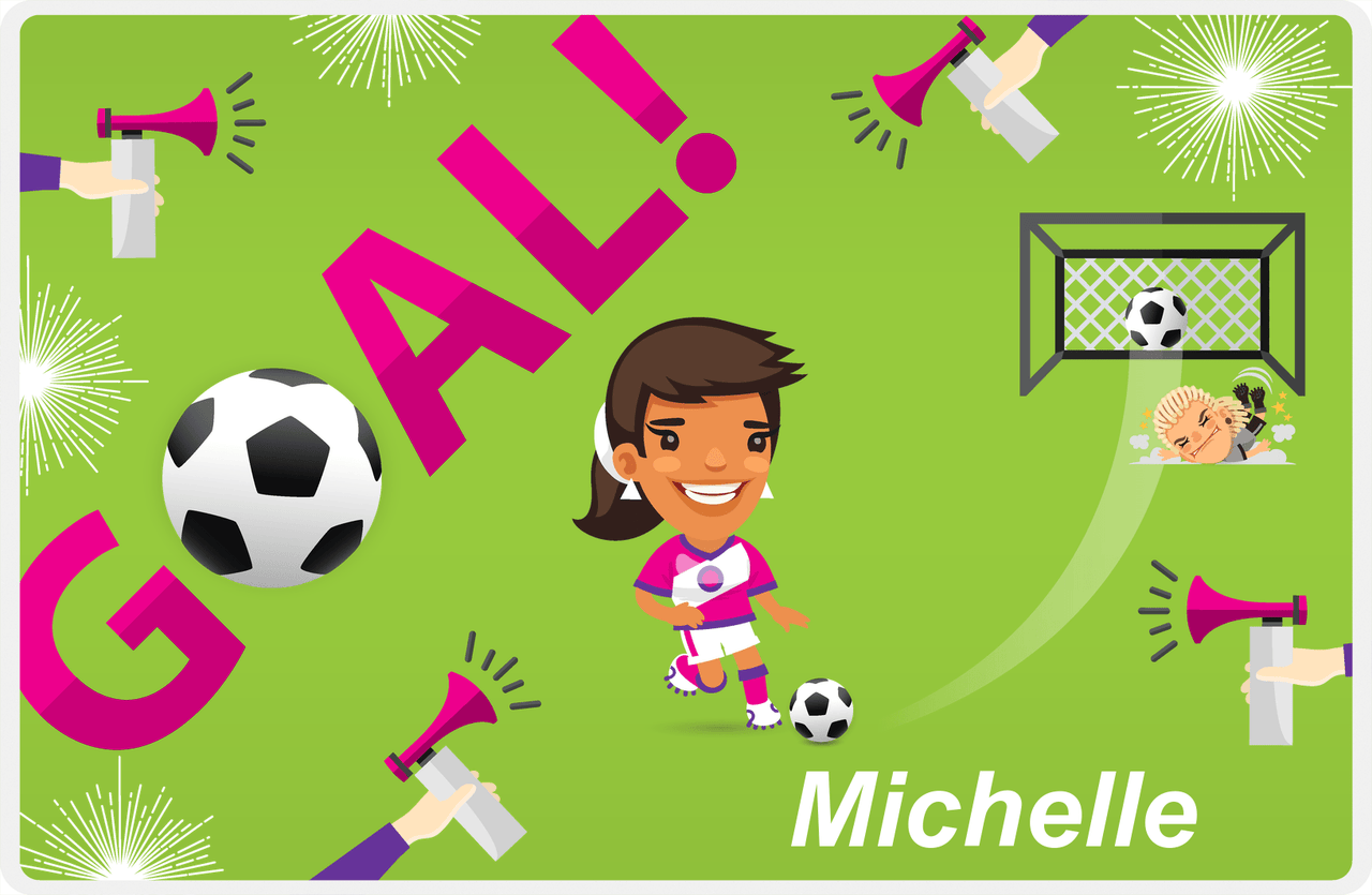 Personalized Soccer Placemat XLI - Green Background - Black Hair Girl II -  View