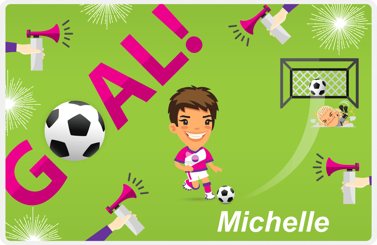 Personalized Soccer Placemat XLI - Green Background - Brunette Girl II -  View