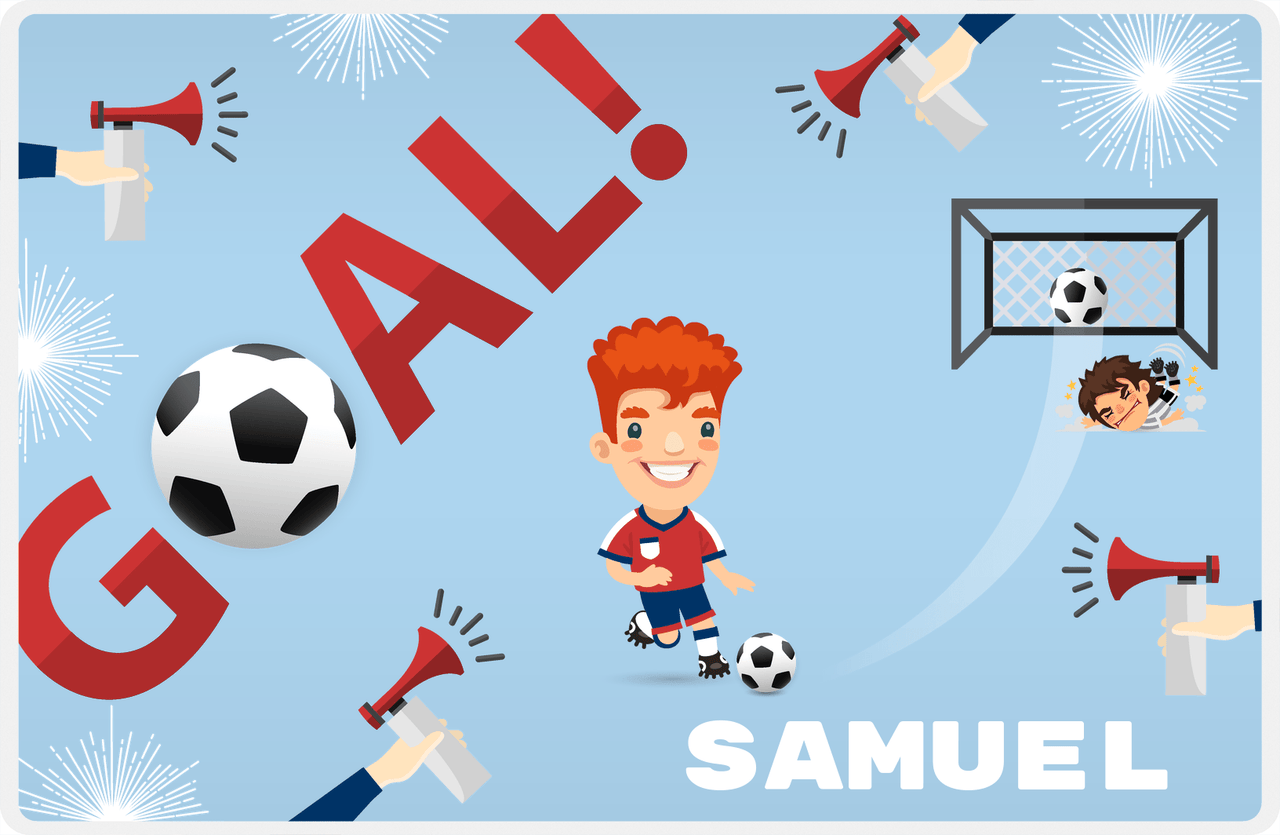 Personalized Soccer Placemat XLII - Blue Background - Redhead Boy -  View