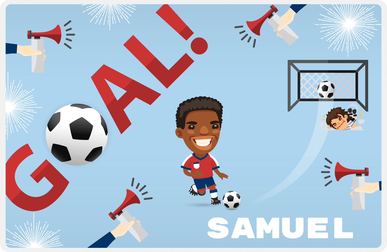 Personalized Soccer Placemat XLII - Blue Background - Black Boy -  View