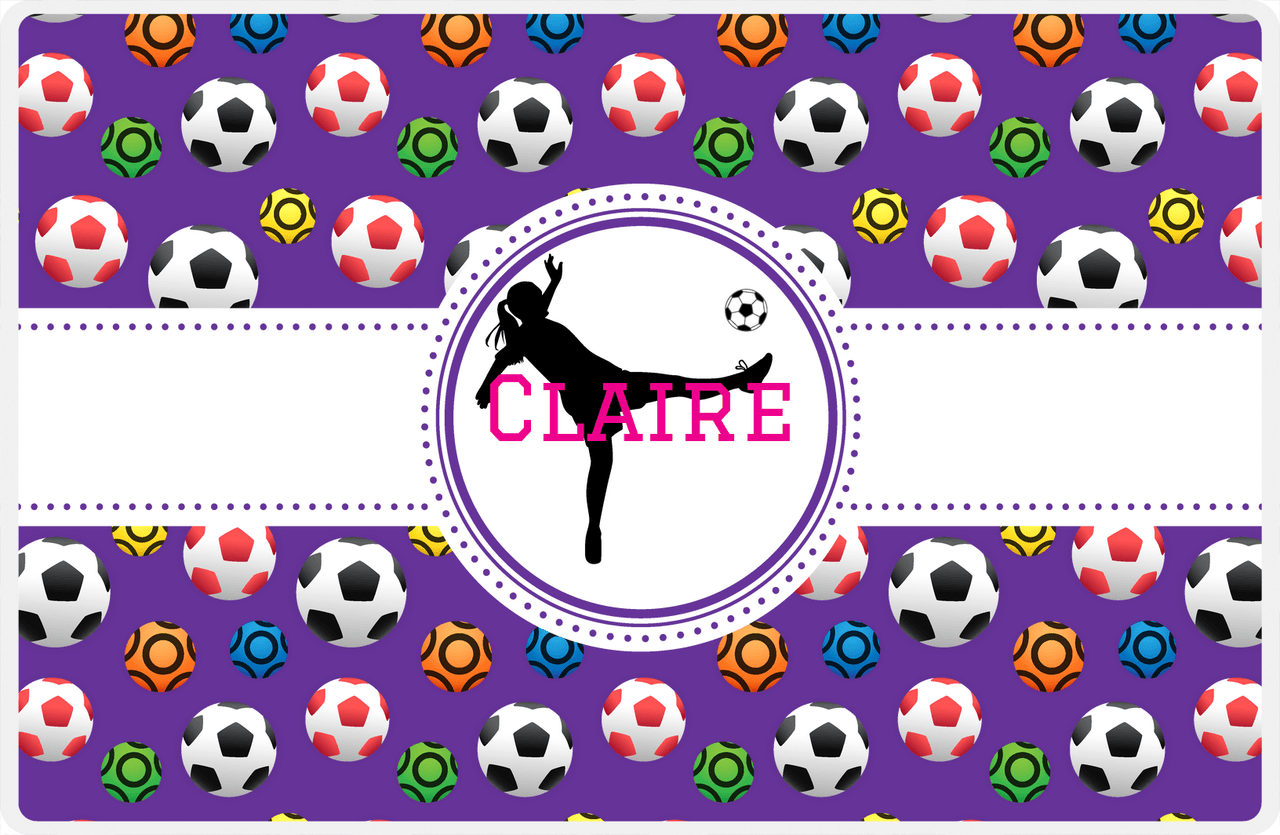 Personalized Soccer Placemat XLVIII - Purple Background - Girl Silhouette I -  View