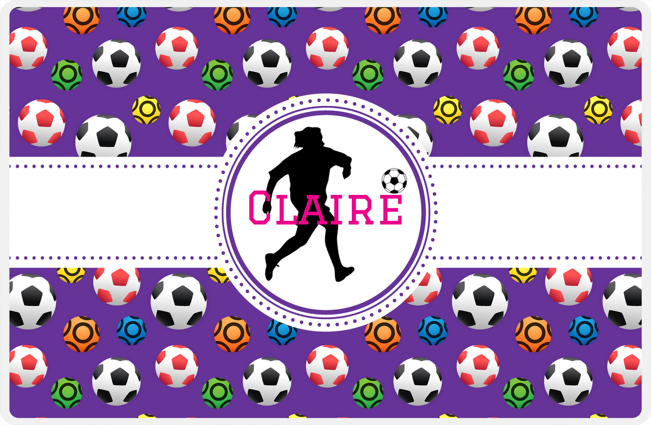 Personalized Soccer Placemat XLVIII - Purple Background - Girl Silhouette III -  View
