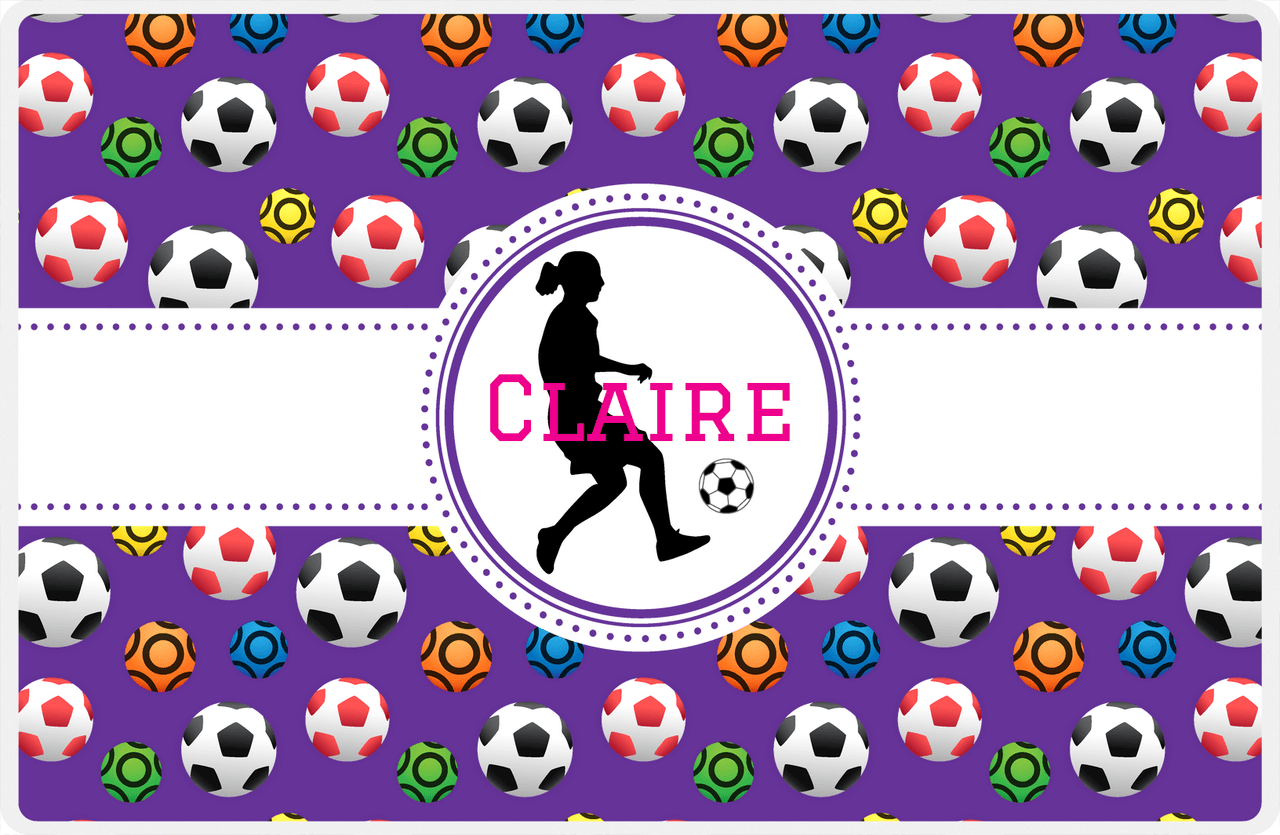 Personalized Soccer Placemat XLVIII - Purple Background - Girl Silhouette IV -  View