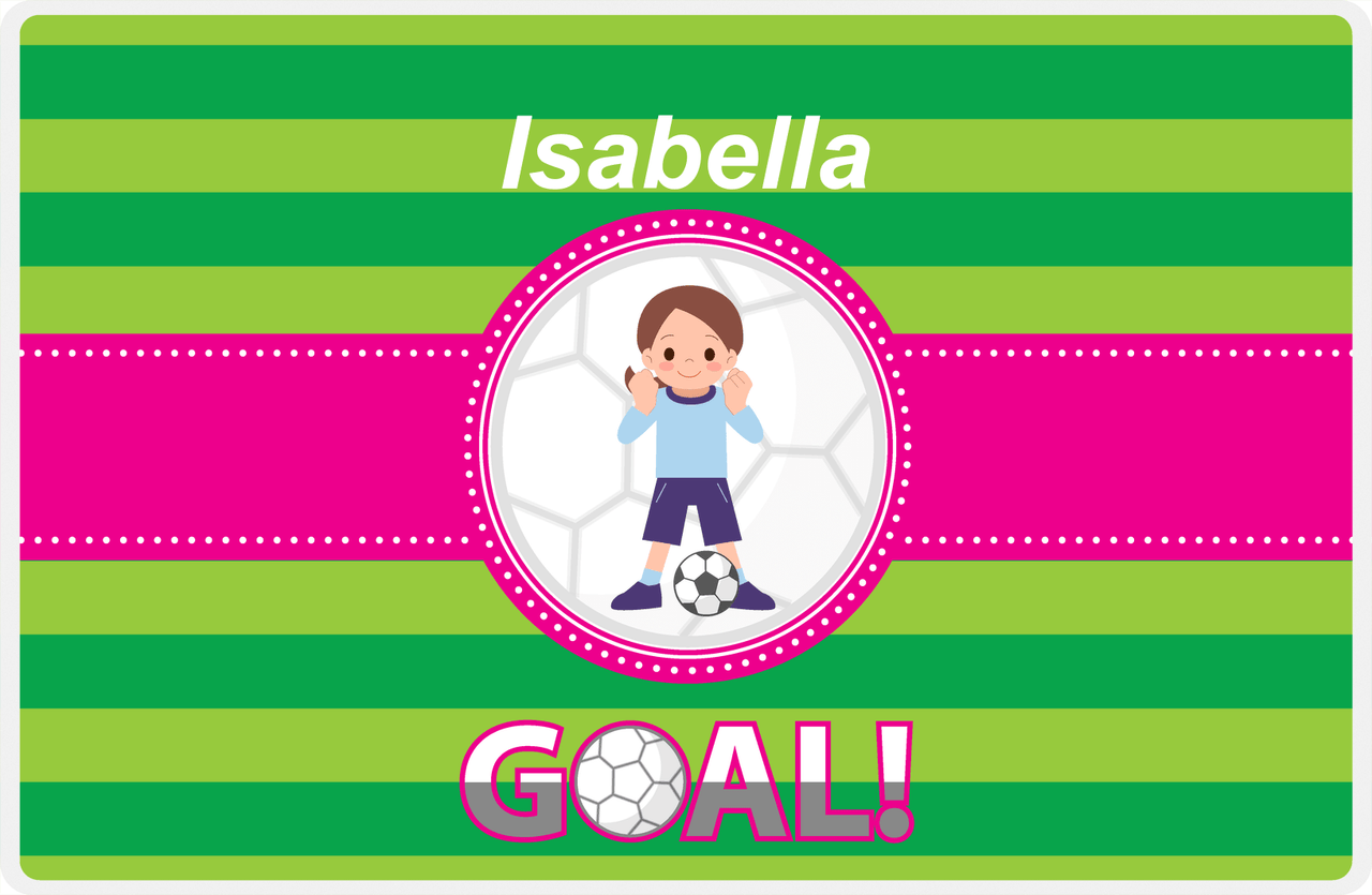 Personalized Soccer Placemat IX - Green Background - Brunette Girl -  View