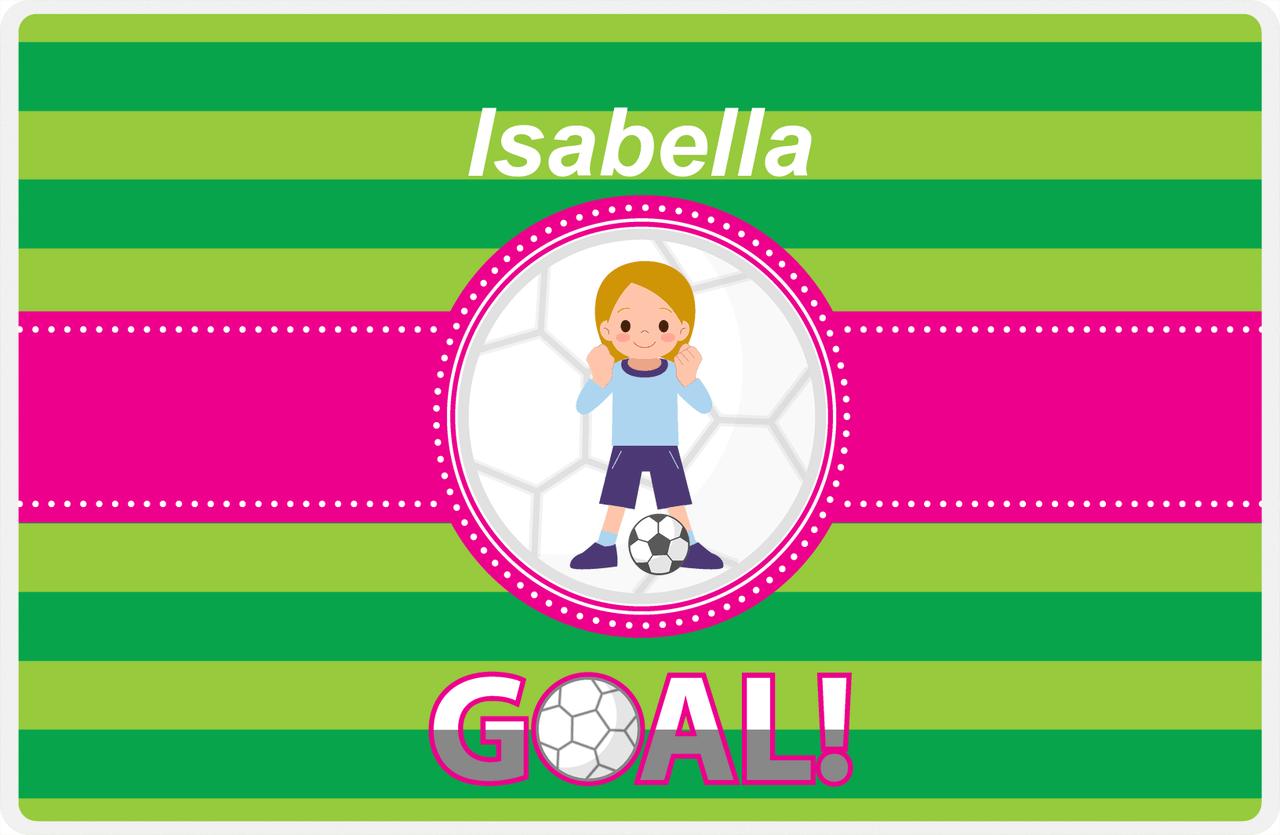 Personalized Soccer Placemat IX - Green Background - Blonde Girl -  View