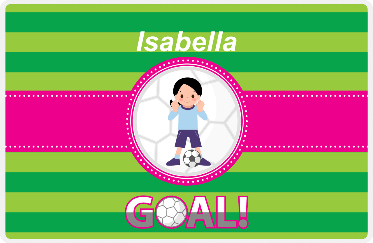 Personalized Soccer Placemat IX - Green Background - Black Hair Girl -  View