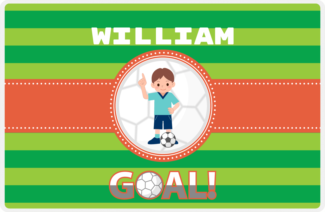 Personalized Soccer Placemat X - Green Background - Brown Hair Boy -  View