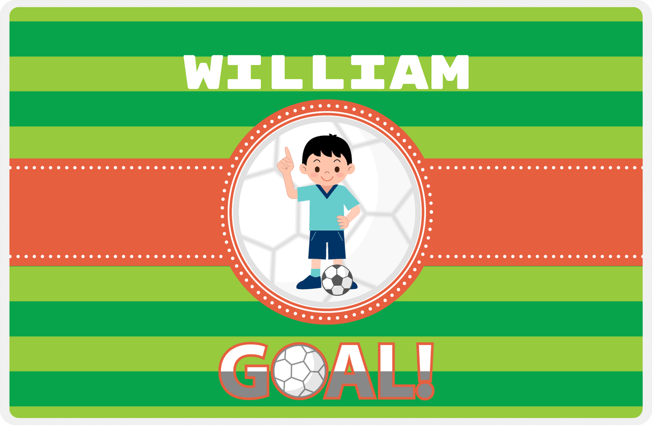 Personalized Soccer Placemat X - Green Background - Black Hair Boy -  View