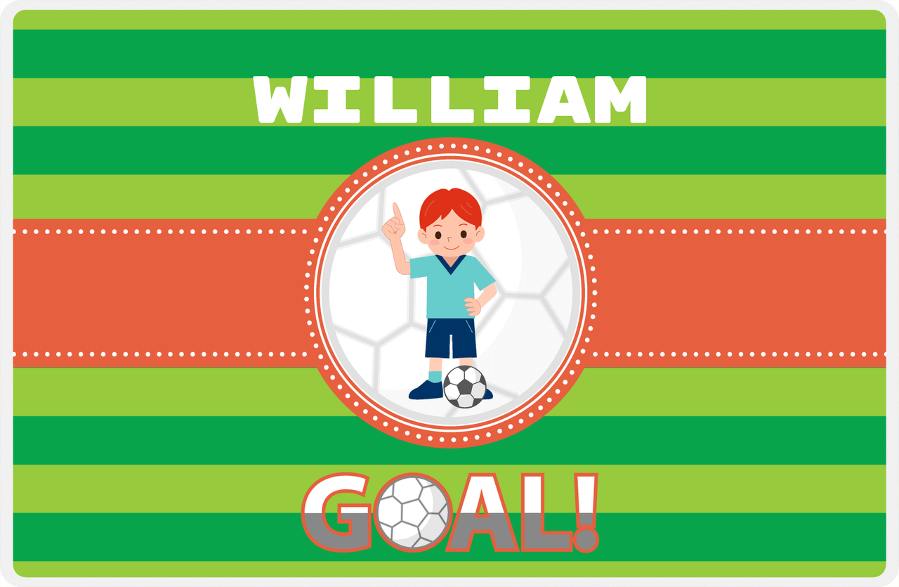 Personalized Soccer Placemat X - Green Background - Redhead Boy -  View