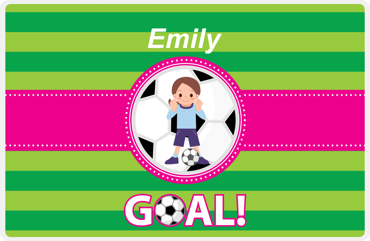 Personalized Soccer Placemat IX - Green Background - Brunette Girl - Soccer Ball II -  View