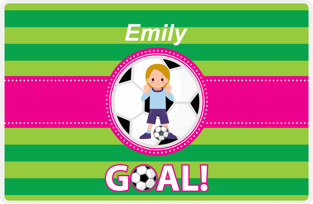 Personalized Soccer Placemat IX - Green Background - Blonde Girl - Soccer Ball II -  View