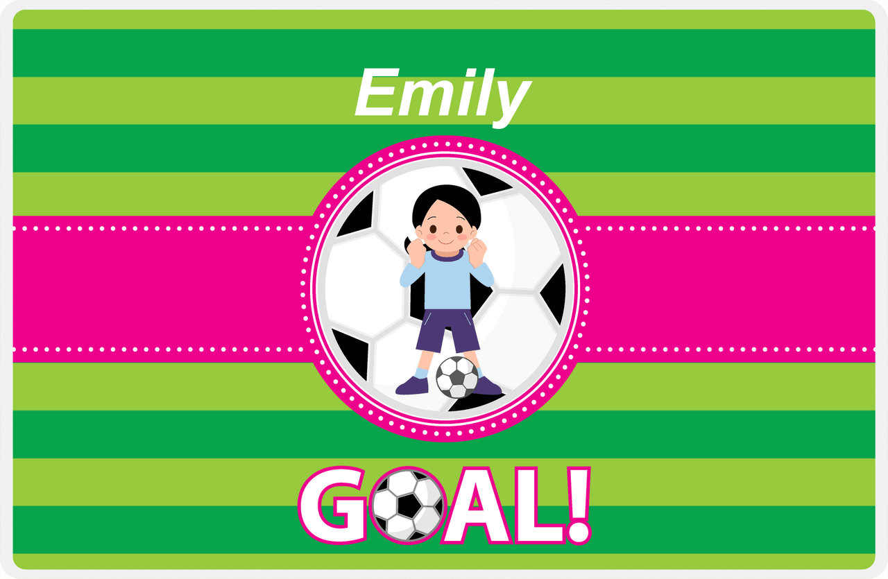 Personalized Soccer Placemat IX - Green Background - Black Hair Girl - Soccer Ball II -  View