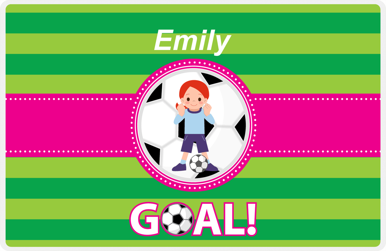 Personalized Soccer Placemat IX - Green Background - Redhead Girl - Soccer Ball II -  View