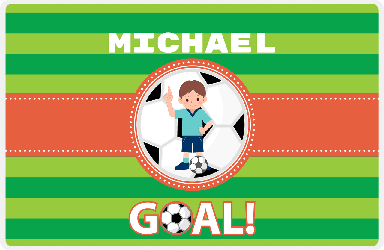 Personalized Soccer Placemat X - Green Background - Brown Hair Boy - Soccer Ball II -  View