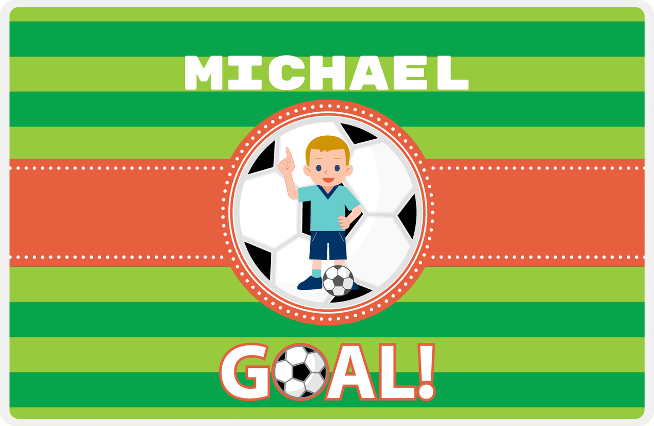 Personalized Soccer Placemat X - Green Background - Blond Boy - Soccer Ball II -  View