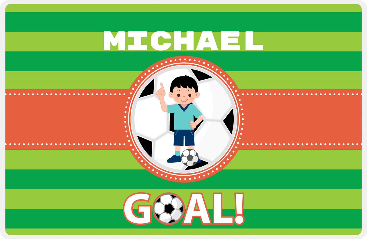 Personalized Soccer Placemat X - Green Background - Black Hair Boy - Soccer Ball II -  View