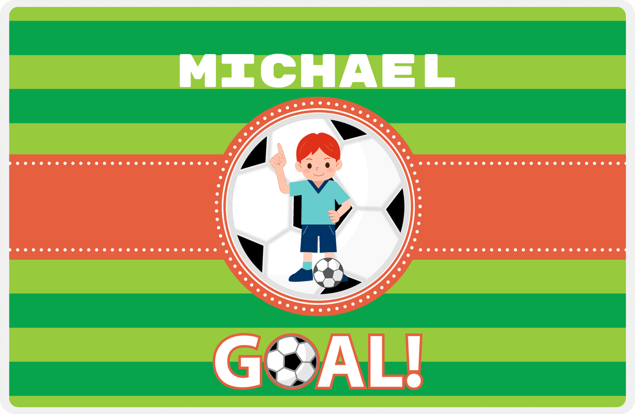 Personalized Soccer Placemat X - Green Background - Redhead Boy - Soccer Ball II -  View