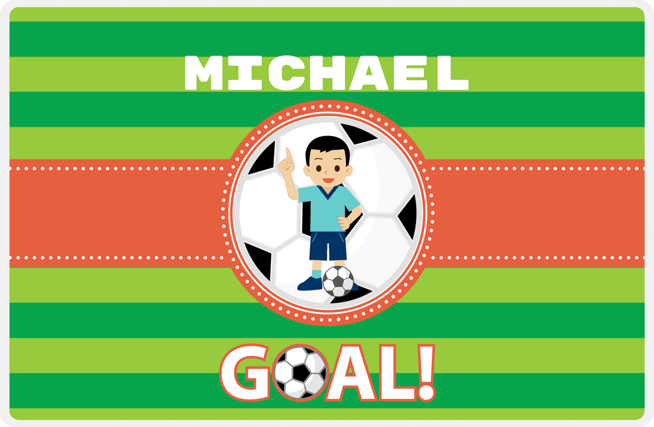 Personalized Soccer Placemat X - Green Background - Asian Boy - Soccer Ball II -  View