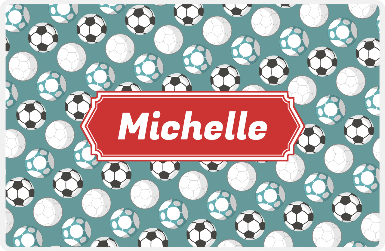 Personalized Soccer Placemat XXV - Dark Teal Background - Decorative Rectangle Nameplate -  View