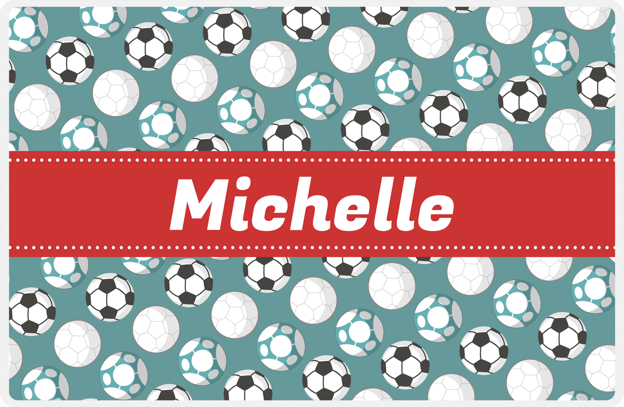 Personalized Soccer Placemat XXV - Dark Teal Background - Ribbon Nameplate -  View