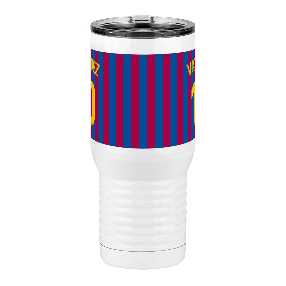 Personalized Soccer Stripes Jersey Number Travel Coffee Mug Tumbler with Handle (20 oz) - Barcelona Spain - Front View