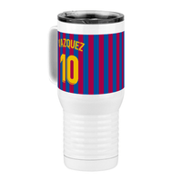 Thumbnail for Personalized Soccer Stripes Jersey Number Travel Coffee Mug Tumbler with Handle (20 oz) - Barcelona Spain - Front Left View