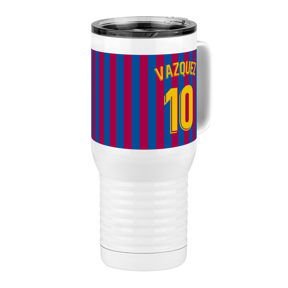 Personalized Soccer Stripes Jersey Number Travel Coffee Mug Tumbler with Handle (20 oz) - Barcelona Spain - Front Right View