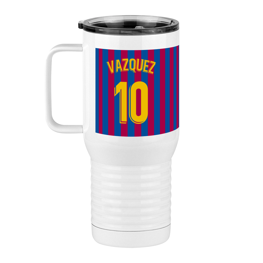 Personalized Soccer Stripes Jersey Number Travel Coffee Mug Tumbler with Handle (20 oz) - Barcelona Spain - Left View