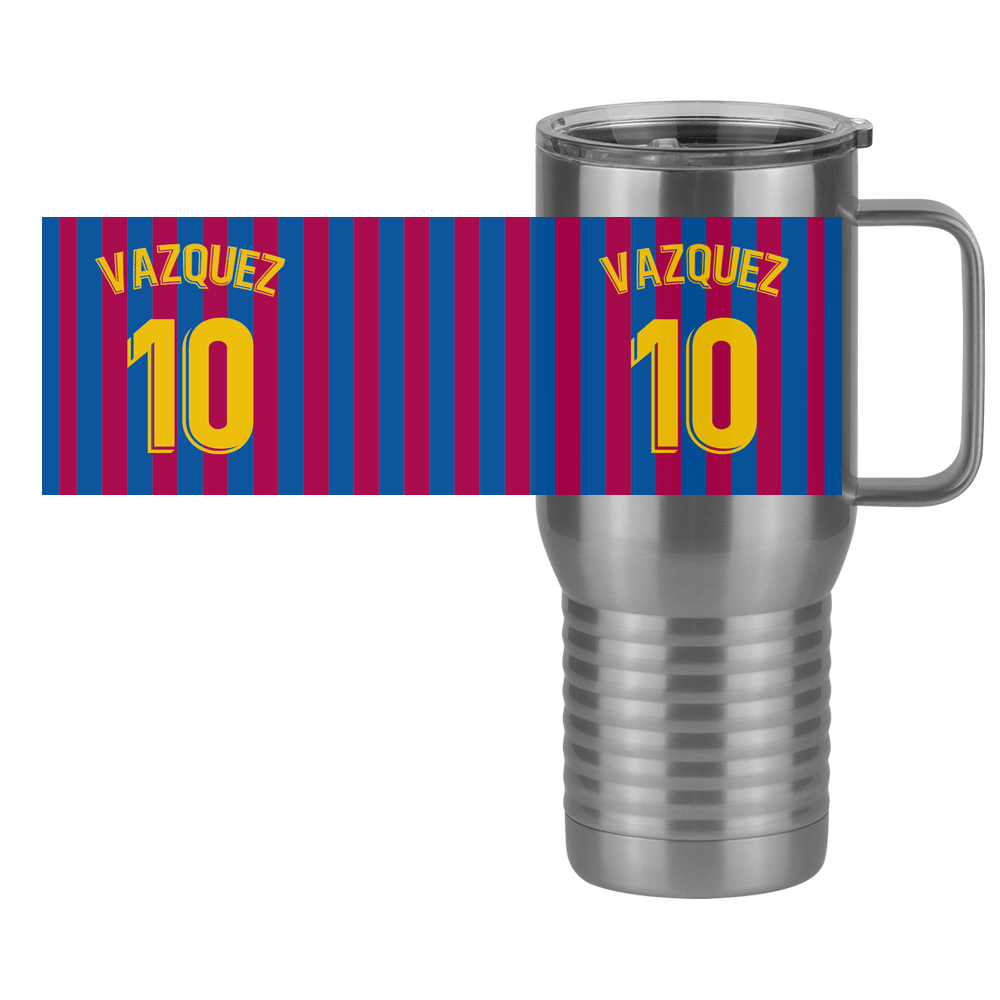 Personalized Soccer Stripes Jersey Number Travel Coffee Mug Tumbler with Handle (20 oz) - Barcelona Spain - Design View