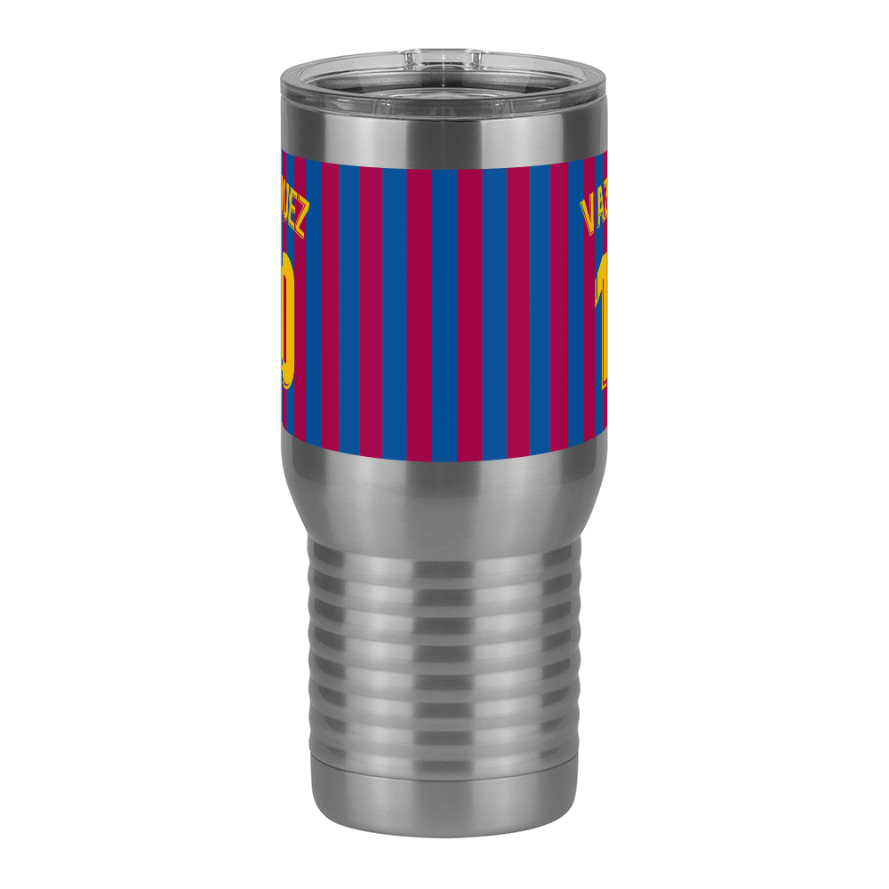 Personalized Soccer Stripes Jersey Number Travel Coffee Mug Tumbler with Handle (20 oz) - Barcelona Spain - Front View