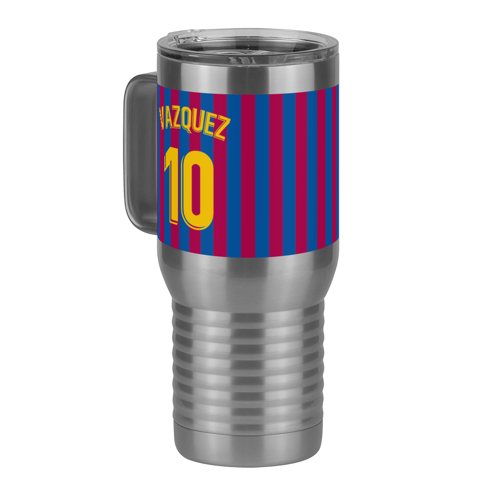 Personalized Soccer Stripes Jersey Number Travel Coffee Mug Tumbler with Handle (20 oz) - Barcelona Spain - Front Left View